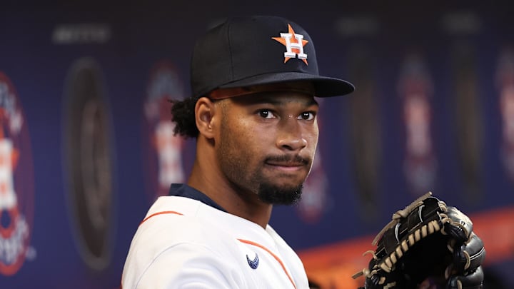 Mar 28, 2026; Houston, Texas, USA; Houston Astros left fielder Brice Matthews (0) stands in the dugout before playing against the Los Angeles Angels in the first inning at Daikin Park. Mandatory Credit: Thomas Shea-Imagn Images Mar 28, 2026; Houston, Texas, USA; Houston Astros left fielder Brice Matthews (0) stands in the dugout before playing against the Los Angeles Angels in the first inning at Daikin Park. Mandatory Credit: Thomas Shea-Imagn Images