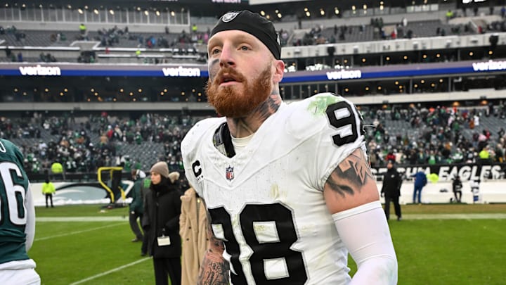 Dec 14, 2025; Philadelphia, Pennsylvania, USA; Las Vegas Raiders defensive end Maxx Crosby (98) on the field after loss to the Philadelphia Eagles at Lincoln Financial Field. Mandatory Credit: Eric Hartline-Imagn Images
