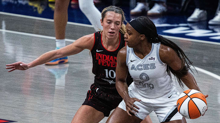 Las Vegas Aces guard Jackie Young (0) dribbles the ball on September 28, 2025