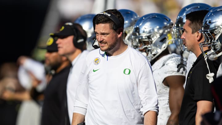 Nov 18, 2023; Tempe, Arizona, USA; Oregon Ducks head coach Dan Lanning against the Arizona State Sun Devils at Mountain America Stadium. Mandatory Credit: Mark J. Rebilas-Imagn Images