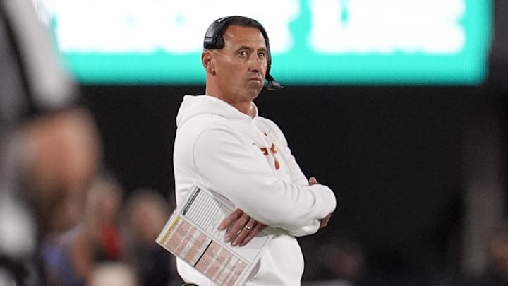 Texas Longhorns head coach Steve Sarkisian looks on in the first half against the Georgia Bulldogs at Sanford Stadium.