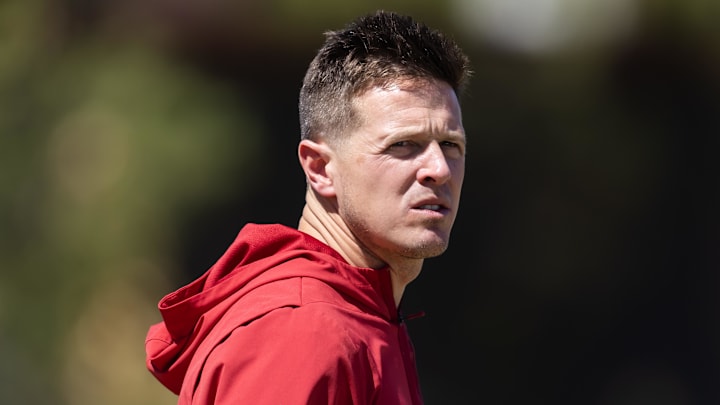 May 8, 2026; Tempe, AZ, USA; Arizona Cardinals head coach Mike LaFleur during rookie minicamp at Dignity Health Arizona Cardinals Training Center. Mandatory Credit: Mark J. Rebilas-Imagn Images