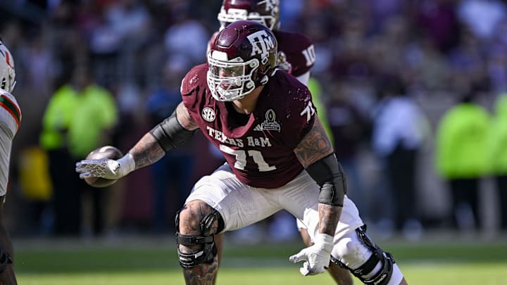 Dec 20, 2025; College Station, TX, USA; Texas A&M Aggies offensive lineman Chase Bisontis (71) blocks the rush during the game between the Aggies and the Hurricanes at Kyle Field. Mandatory Credit: Jerome Miron-Imagn Images