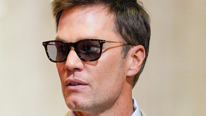 Sep 14, 2025; Kansas City, Missouri, USA; Fox Sports broadcaster Tom Brady arrives prior to the game between the Kansas City Chiefs and the Philadelphia Eagles at GEHA Field at Arrowhead Stadium. Mandatory Credit: Jay Biggerstaff-Imagn Images