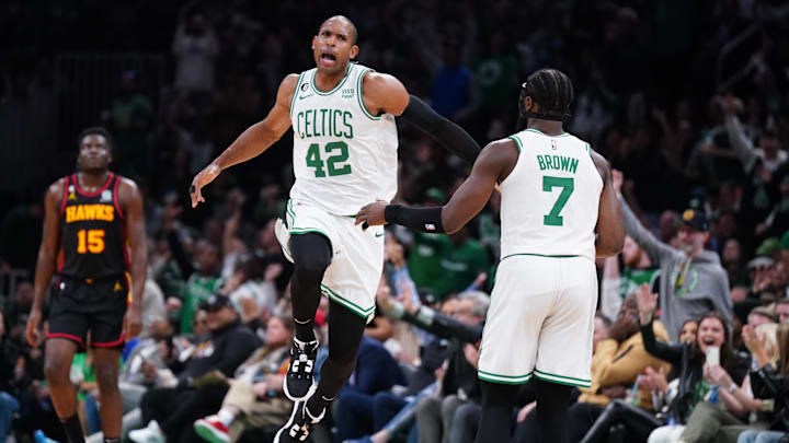 Apr 18, 2023; Boston, Massachusetts, USA; Boston Celtics center Al Horford (42) reacts after his three point basket against the Atlanta Hawks in the third quarter during game two of the 2023 NBA playoffs at TD Garden. Mandatory Credit: David Butler II-Imagn Images