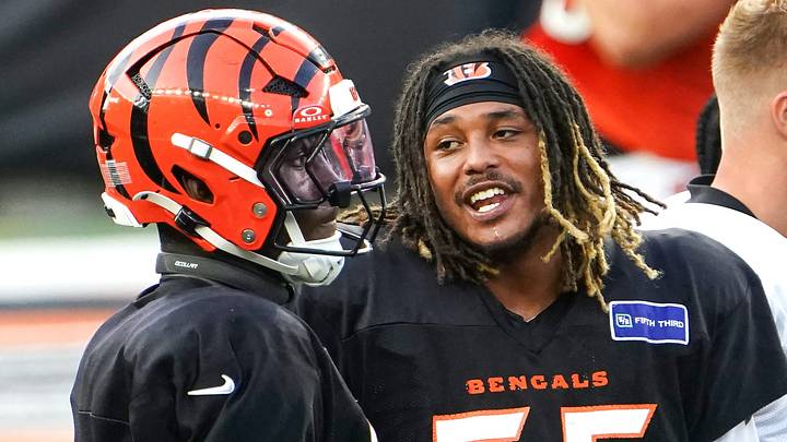 Cincinnati Bengals defensive end Cashius Howell (55) speaks with players during training camp, Friday, Aug. 7, 2026, at Paycor Stadium in Downtown Cincinnati.