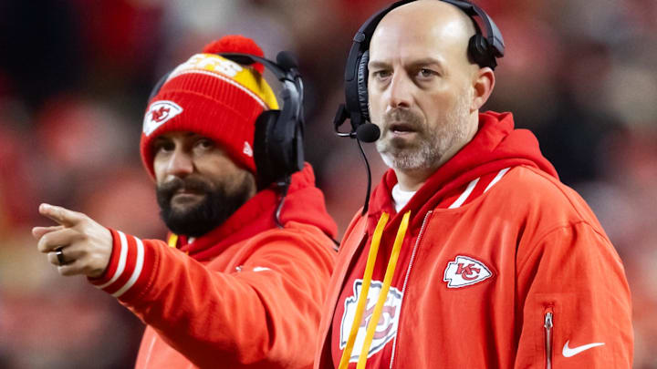 Jan 26, 2025; Kansas City, MO, USA; Kansas City Chiefs offensive coordinator Matt Nagy (right) and wide receivers coach Connor Embree against the Buffalo Bills in the AFC Championship game at GEHA Field at Arrowhead Stadium. Jan 26, 2025; Kansas City, MO, USA; Kansas City Chiefs offensive coordinator Matt Nagy (right) and wide receivers coach Connor Embree against the Buffalo Bills in the AFC Championship game at GEHA Field at Arrowhead Stadium.