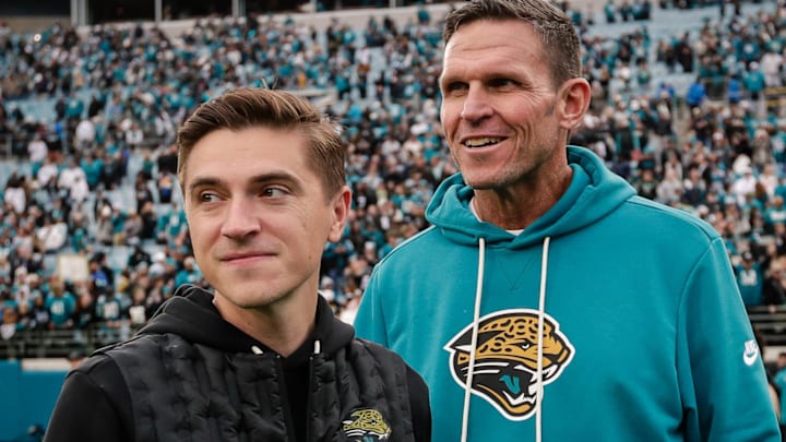 Jan 4, 2026; Jacksonville, Florida, USA; Jacksonville Jaguars executive vice president of football operations Tony Boselli and general manager James Gladstone look on after the game against the Tennessee Titans at EverBank Stadium. 