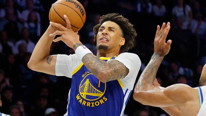 Oct 28, 2026; Minneapolis, Minnesota, USA;  Golden State Warriors forward Yaxel Lendeborg (1) goes to the basket against Minnesota Timberwolves forward Trey Lyles (41) in the fourth quarter at Target Center.  Mandatory Credit: Bruce Kluckhohn-Imagn Images