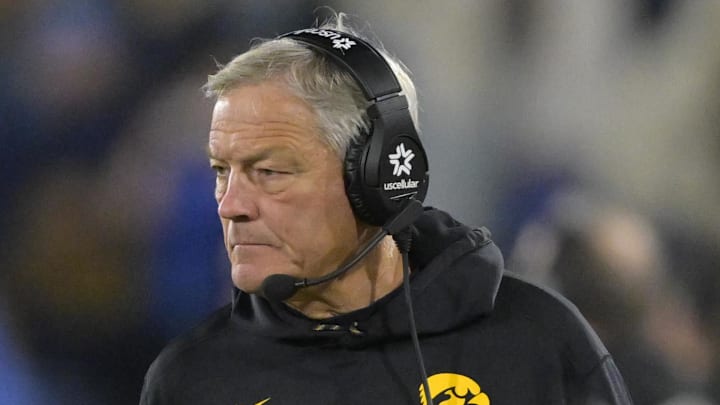 Nov 8, 2024; Pasadena, California, USA; Iowa Hawkeyes head coach Kirk Ferentz on the sidelines during the second half against the UCLA Bruins at the Rose Bowl. Mandatory Credit: Jayne Kamin-Oncea-Imagn Images Nov 8, 2024; Pasadena, California, USA; Iowa Hawkeyes head coach Kirk Ferentz on the sidelines during the second half against the UCLA Bruins at the Rose Bowl. Mandatory Credit: Jayne Kamin-Oncea-Imagn Images