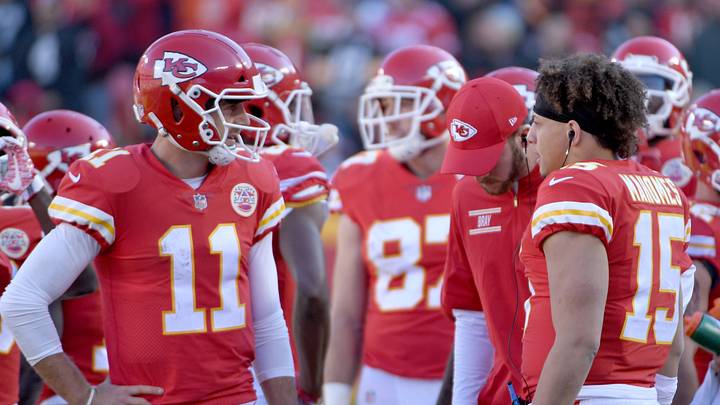 Kansas City Chiefs quarterbacks Alex Smith (11) and Patrick Mahomes (15) Kansas City Chiefs quarterbacks Alex Smith (11) and Patrick Mahomes (15)