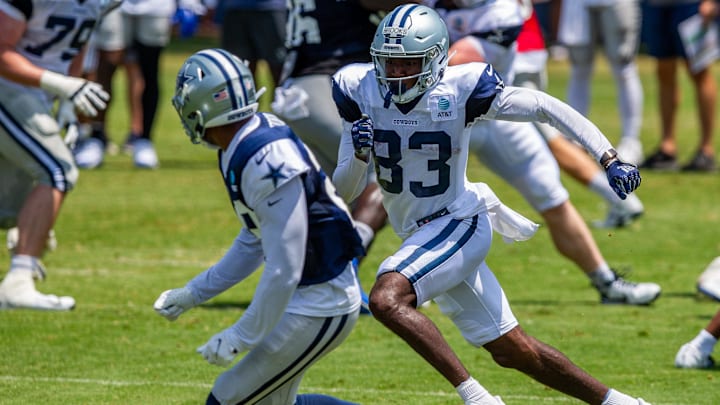 Jul 31, 2023; Oxnard, CA, USA; Dallas Cowboys wide receiver Jalen Brooks (83) runs a route during training camp at the Marriott Residence Inn-River Ridge playing fields. Mandatory Credit: Jason Parkhurst-USA TODAY Sports