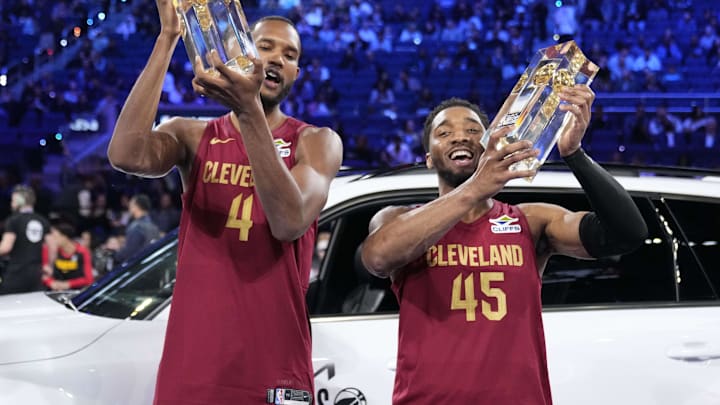 Feb 15, 2025; San Francisco, CA, USA; Team Cavs center Evan Mobley (4) and guard Donovan Mitchell (45) of the Cleveland Cavaliers celebrate with the trophies after winning the skills challenge during All Star Saturday Night ahead of the 2025 NBA All Star Game at Chase Center. Mandatory Credit: Kyle Terada-Imagn Images Feb 15, 2025; San Francisco, CA, USA; Team Cavs center Evan Mobley (4) and guard Donovan Mitchell (45) of the Cleveland Cavaliers celebrate with the trophies after winning the skills challenge during All Star Saturday Night ahead of the 2025 NBA All Star Game at Chase Center. Mandatory Credit: Kyle Terada-Imagn Images