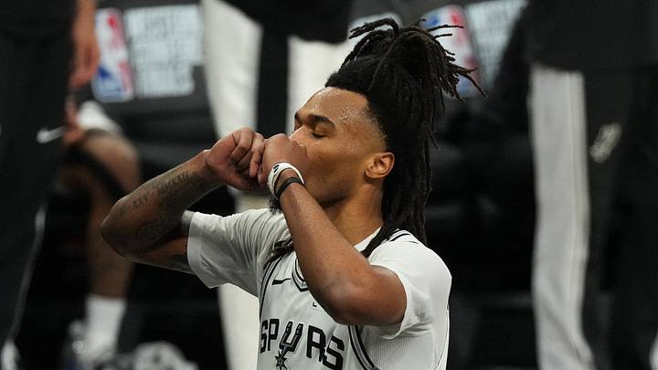 May 24, 2026; San Antonio, Texas, USA; San Antonio Spurs guard Stephon Castle (5) reacts in the third quarter against the Oklahoma City Thunder during game four of the western conference finals for the 2026 NBA playoffs at Frost Bank Center. Mandatory Credit: Scott Wachter-Imagn Images