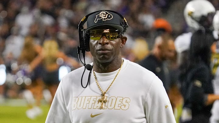 Oct 4, 2025; Fort Worth, Texas, USA; Colorado Buffaloes head coach Deion Sanders on the sidelines during the first half against the TCU Horned Frogs at Amon G. Carter Stadium. Mandatory Credit: Raymond Carlin III-Imagn Images