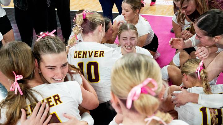 Denver wins the Class 2A Iowa high school state volleyball championship on Nov. 6, 2025, at Stream Arena in Coralville, Iowa. Denver wins the Class 2A Iowa high school state volleyball championship on Nov. 6, 2025, at Stream Arena in Coralville, Iowa.