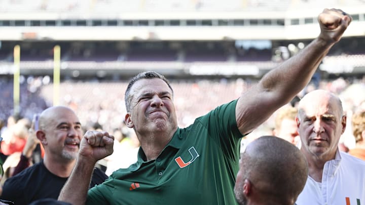 Dec 20, 2025; College Station, TX, USA; Miami Hurricanes head coach Mario Cristobal celebrates after defeating the Texas A&M Aggies in the first round game of the CFP National Playoff at Kyle Field. Mandatory Credit: Jerome Miron-Imagn Images