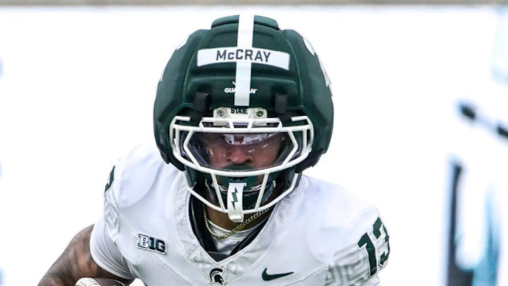 Michigan State's Chrishon McCray runs after a catch during the football Spring Showcase on Saturday, April 18, 2026, at Spartan Stadium in East Lansing.