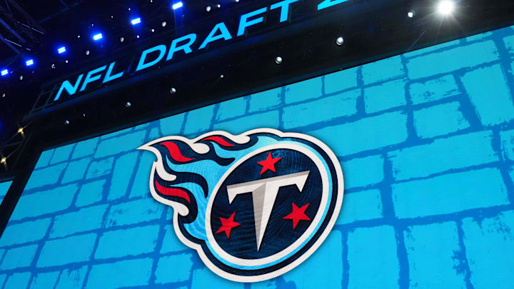 Apr 24, 2025; Green Bay, WI, USA; The Tennessee Titans logo is projected on the video board during the NFL Draft at Lambeau Field. Mandatory Credit: Kirby Lee-Imagn Images