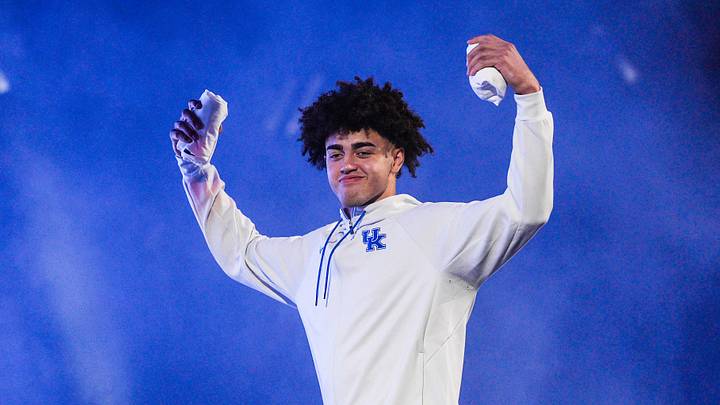 Kentucky Wildcats center Malachi Moreno (24) pumps up the crowd during his introduction at the 2025 Big Blue Madness at Rupp Arena in Lexington, Kentucky Saturday, Oct. 11, 2025. Kentucky Wildcats center Malachi Moreno (24) pumps up the crowd during his introduction at the 2025 Big Blue Madness at Rupp Arena in Lexington, Kentucky Saturday, Oct. 11, 2025.