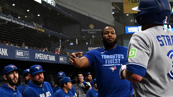 Aug 19, 2026; St. Petersburg, Florida, USA; Toronto Blue Jays pinch hitter Myles Straw (3) is greeted bye infielder Vladimir Guerrero Jr. (27) after scoring a run in the fifth inning against the Tampa Bay Rays at Tropicana Field. Mandatory Credit: Jonathan Dyer-Imagn Images Aug 19, 2026; St. Petersburg, Florida, USA; Toronto Blue Jays pinch hitter Myles Straw (3) is greeted bye infielder Vladimir Guerrero Jr. (27) after scoring a run in the fifth inning against the Tampa Bay Rays at Tropicana Field. Mandatory Credit: Jonathan Dyer-Imagn Images