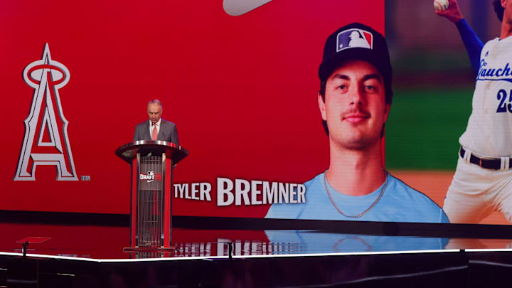 Jul 13, 2025; Atlanta, GA, USA; Tyler Bremner is drafted by the Los Angeles Angels with the second pick during the first round of the MLB Draft at The Coca-Cola Roxy. Mandatory Credit: Brett Davis-Imagn Images Jul 13, 2025; Atlanta, GA, USA; Tyler Bremner is drafted by the Los Angeles Angels with the second pick during the first round of the MLB Draft at The Coca-Cola Roxy. Mandatory Credit: Brett Davis-Imagn Images