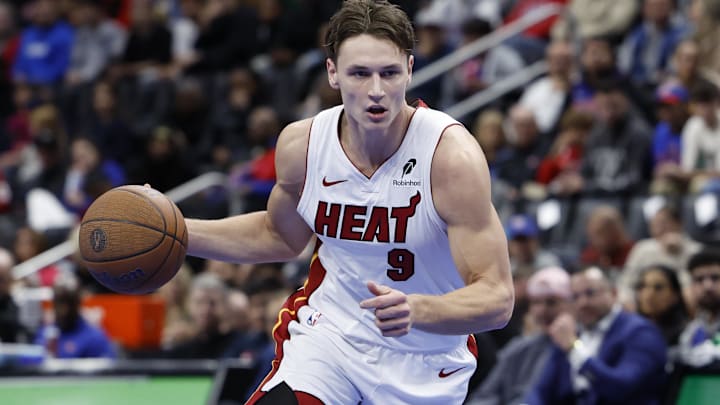 Nov 12, 2024; Detroit, Michigan, USA; Miami Heat guard Pelle Larsson (9) dribbles in the first half against the Detroit Pistons at Little Caesars Arena. Mandatory Credit: Rick Osentoski-Imagn Images Nov 12, 2024; Detroit, Michigan, USA; Miami Heat guard Pelle Larsson (9) dribbles in the first half against the Detroit Pistons at Little Caesars Arena. Mandatory Credit: Rick Osentoski-Imagn Images