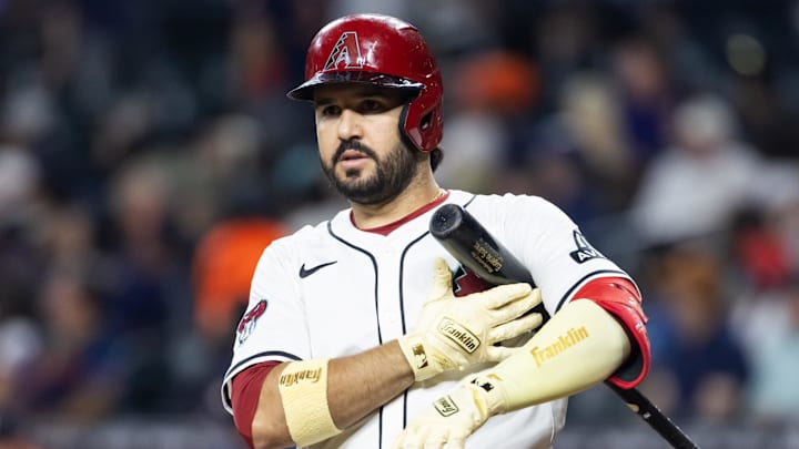 Jul 22, 2025; Phoenix, Arizona, USA; Arizona Diamondbacks designated hitter Eugenio Suarez against the Houston Astros at Chase Field. Mandatory Credit: Mark J. Rebilas-Imagn Images