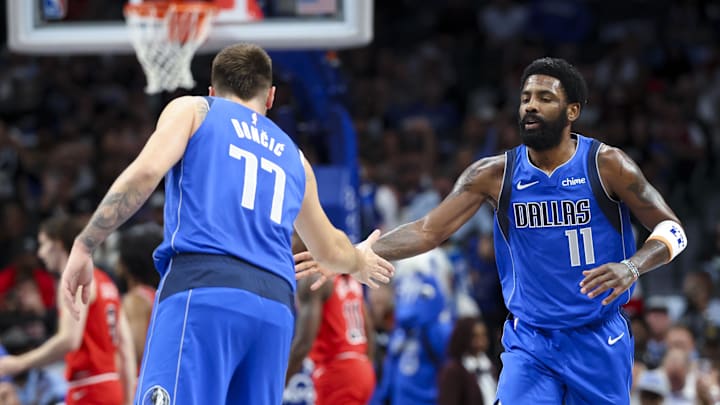 Nov 6, 2024; Dallas, Texas, USA;  Dallas Mavericks guard Luka Doncic (77) celebrates with Dallas Mavericks guard Kyrie Irving (11) during the first quarter against the Chicago Bulls at American Airlines Center. Mandatory Credit: Kevin Jairaj-Imagn Images