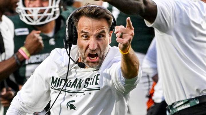 Michigan State’s Joe Rossi celebrates after a Spartans fourth down stop against Illinois during the fourth quarter on Saturday, Oct. 10, 2026, at Spartan Stadium in East Lansing.