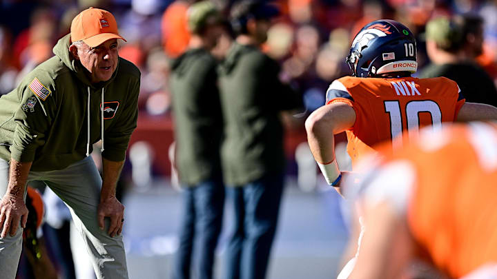 DENVER, CO - NOVEMBER 16: Denver Broncos head coach Sean Payton has a word with quarterback Bo Nix (10) before a game between the Kansas City Chiefs and the Denver Broncos at Empower Field at Mile High on November 16, 2025 in Denver, Colorado. 