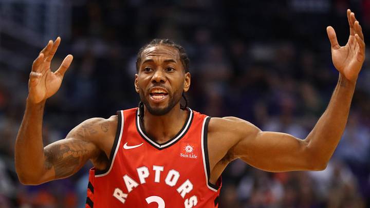 Nov 2, 2018; Phoenix, AZ, USA; Toronto Raptors forward Kawhi Leonard (2) reacts in the fourth quarter against the Phoenix Suns at Talking Stick Resort Arena. Mandatory Credit: Mark J. Rebilas-USA TODAY Sports