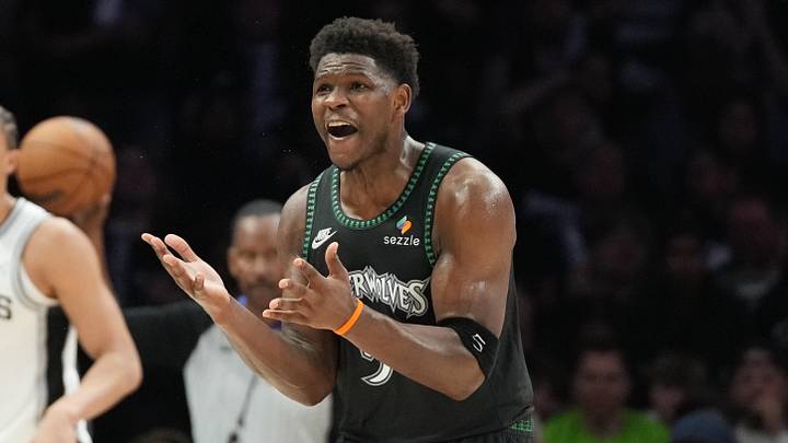 May 15, 2026; Minneapolis, Minnesota, USA; Minnesota Timberwolves guard Anthony Edwards (5) reacts to call on the court against the San Antonio Spurs in the second half during game six of the second round of the 2026 NBA Playoffs at Target Center. Mandatory Credit: Jesse Johnson-Imagn Images May 15, 2026; Minneapolis, Minnesota, USA; Minnesota Timberwolves guard Anthony Edwards (5) reacts to call on the court against the San Antonio Spurs in the second half during game six of the second round of the 2026 NBA Playoffs at Target Center. Mandatory Credit: Jesse Johnson-Imagn Images