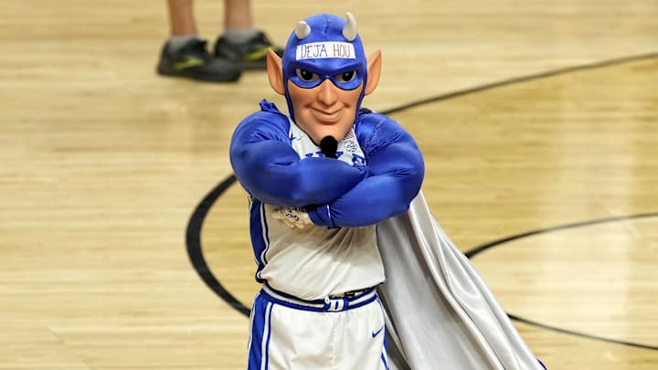Apr 5, 2025; San Antonio, TX, USA; The Duke Blue Devils mascot performs during the second half in the semifinals of the men's Final Four of the 2025 NCAA Tournament at Alamodome. Mandatory Credit: Scott Wachter-Imagn Images Apr 5, 2025; San Antonio, TX, USA; The Duke Blue Devils mascot performs during the second half in the semifinals of the men's Final Four of the 2025 NCAA Tournament at Alamodome. Mandatory Credit: Scott Wachter-Imagn Images