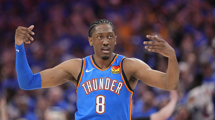 Jun 8, 2025; Oklahoma City, Oklahoma, USA; Oklahoma City Thunder forward Jalen Williams (8) reacts after a play against the Indiana Pacers during the first half during game two of the 2025 NBA Finals at Paycom Center. Mandatory Credit: Kyle Terada-Imagn Images Jun 8, 2025; Oklahoma City, Oklahoma, USA; Oklahoma City Thunder forward Jalen Williams (8) reacts after a play against the Indiana Pacers during the first half during game two of the 2025 NBA Finals at Paycom Center. Mandatory Credit: Kyle Terada-Imagn Images