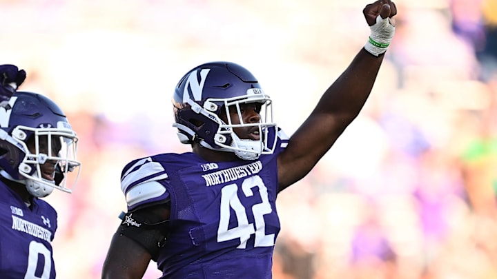 Northwestern Wildcats defensive lineman Anto Saka celebrates after holding the University of Texas El Paso Miners on downs in the second half at Ryan Field. 