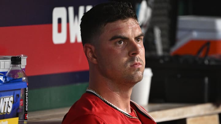 Jul 2, 2025; Washington, District of Columbia, USA; Washington Nationals starting pitcher MacKenzie Gore (1) sits in the dugout after being relived against the Detroit Tigers during the sixth inning at Nationals Park Jul 2, 2025; Washington, District of Columbia, USA; Washington Nationals starting pitcher MacKenzie Gore (1) sits in the dugout after being relived against the Detroit Tigers during the sixth inning at Nationals Park