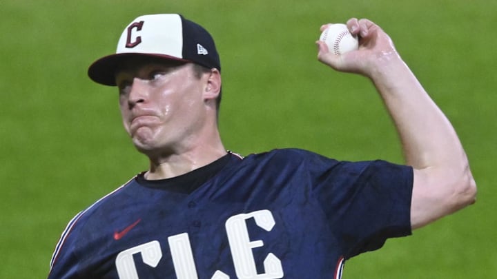 Jun 27, 2025; Cleveland, Ohio, USA; Cleveland Guardians relief pitcher Erik Sabrowski (62) delivers a pitch in the ninth inning against the St. Louis Cardinals at Progressive Field. Mandatory Credit: David Richard-Imagn Images