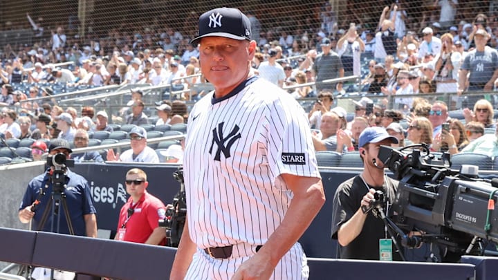 Aug 9, 2025; Bronx, New York, USA;  Former New York Yankees pitcher Roger Clemens during the Old Timer’s Day Ceremony at Yankee Stadium. Mandatory Credit: Wendell Cruz-Imagn Images