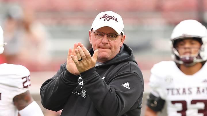 Texas A&M Aggies head coach Mike Elko prior to the game against the Arkansas Razorbacks at Donald W. Reynolds Razorback Stadium.