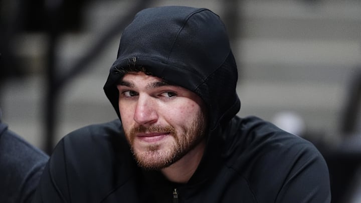 Mar 22, 2026; Denver, Colorado, USA; Portland Trail Blazers center Donovan Clingan (23) before the game against the Denver Nuggets at Ball Arena. Mandatory Credit: Ron Chenoy-Imagn Images