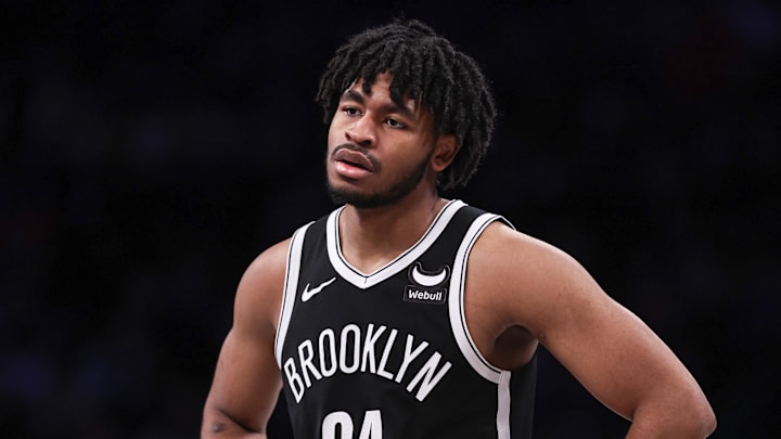Brooklyn Nets guard Cam Thomas (24) reacts during the second half against the Golden State Warriors at Barclays Center on Feb 5, 2024.