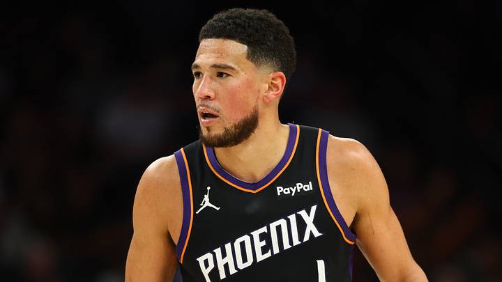 Apr 27, 2026; Phoenix, Arizona, USA; Phoenix Suns guard Devin Booker (1) against the Oklahoma City Thunder during game four of the first round of the 2026 NBA Playoffs at Mortgage Matchup Center. Mandatory Credit: Mark J. Rebilas-Imagn Images Apr 27, 2026; Phoenix, Arizona, USA; Phoenix Suns guard Devin Booker (1) against the Oklahoma City Thunder during game four of the first round of the 2026 NBA Playoffs at Mortgage Matchup Center. Mandatory Credit: Mark J. Rebilas-Imagn Images