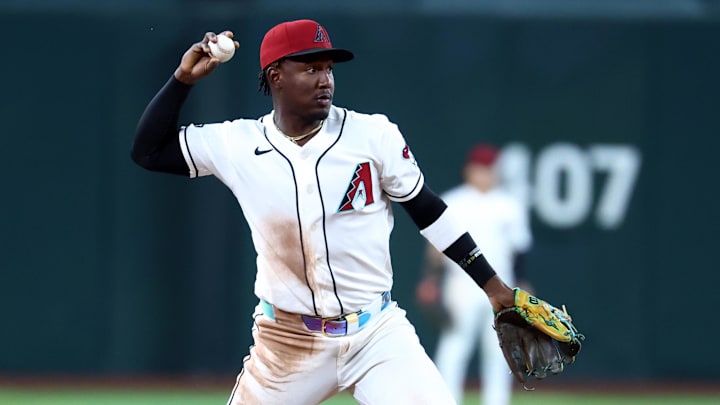 Apr 21, 2026; Phoenix, Arizona, USA; Arizona Diamondbacks shortstop Geraldo Perdomo against the Chicago White Sox at Chase Field. Mandatory Credit: Mark J. Rebilas-Imagn Images
