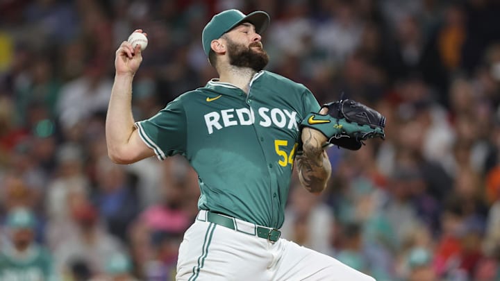 Sep 12, 2025; Boston, Massachusetts, USA; Boston Red Sox starting pitcher Lucas Giolito (54) delivers a pitch during the second inning against the New York Yankees at Fenway Park. Mandatory Credit: Paul Rutherford-Imagn Images