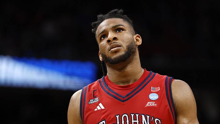 Mar 27, 2026; Washington, DC, USA; St. John's Red Storm forward Zuby Ejiofor (24) reacts after losing to Duke Blue Devils during a Sweet Sixteen game of the East Regional of the men's 2026 NCAA Tournament at Capital One Arena. 