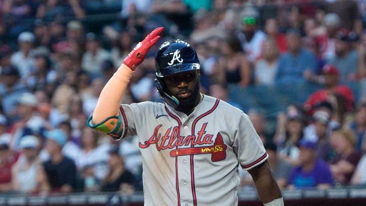 Apr 4, 2026; Phoenix, Arizona, USA;  Atlanta Braves outfielder Michael Harris II (23) taps his helmet to initiate an ABS challenge during the ninth inning of a game against the Arizona Diamondbacks at Chase Field. Mandatory Credit: Allan Henry-Imagn Images