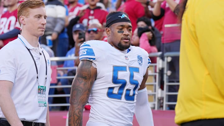 Detroit Lions linebacker Derrick Barnes (55) walks to the locker room against San Francisco 49ers