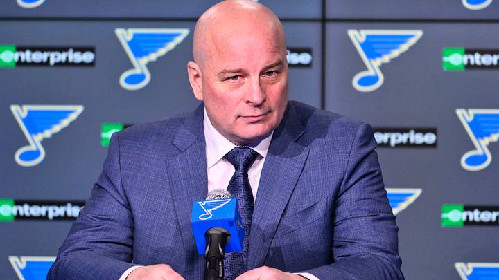 Apr 5, 2025; St. Louis, Missouri, USA;  St. Louis Blues head coach Jim Montgomery talks with the media after the Blues won their franchise record 12th straight win with a victory over the Colorado Avalanche at Enterprise Center. Mandatory Credit: Jeff Curry-Imagn Images