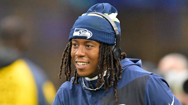 Nov 16, 2025; Inglewood, California, USA; Seattle Seahawks wide receiver Rashid Shaheed (22) warms up prior to the game against the Los Angeles Rams at SoFi Stadium. Mandatory Credit: Jayne Kamin-Oncea-Imagn Images